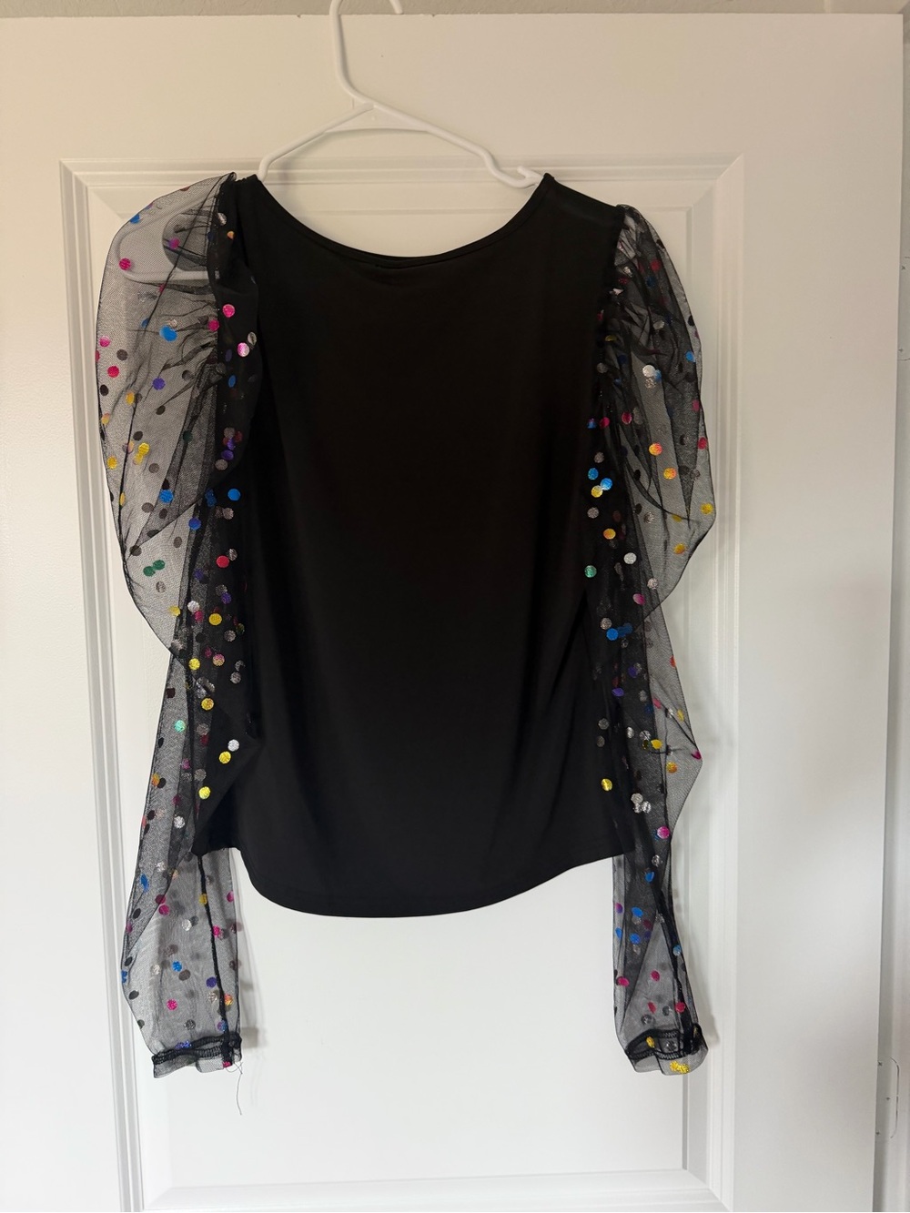 Black Mesh Sleeve Top with Multicolor Sequin Dots